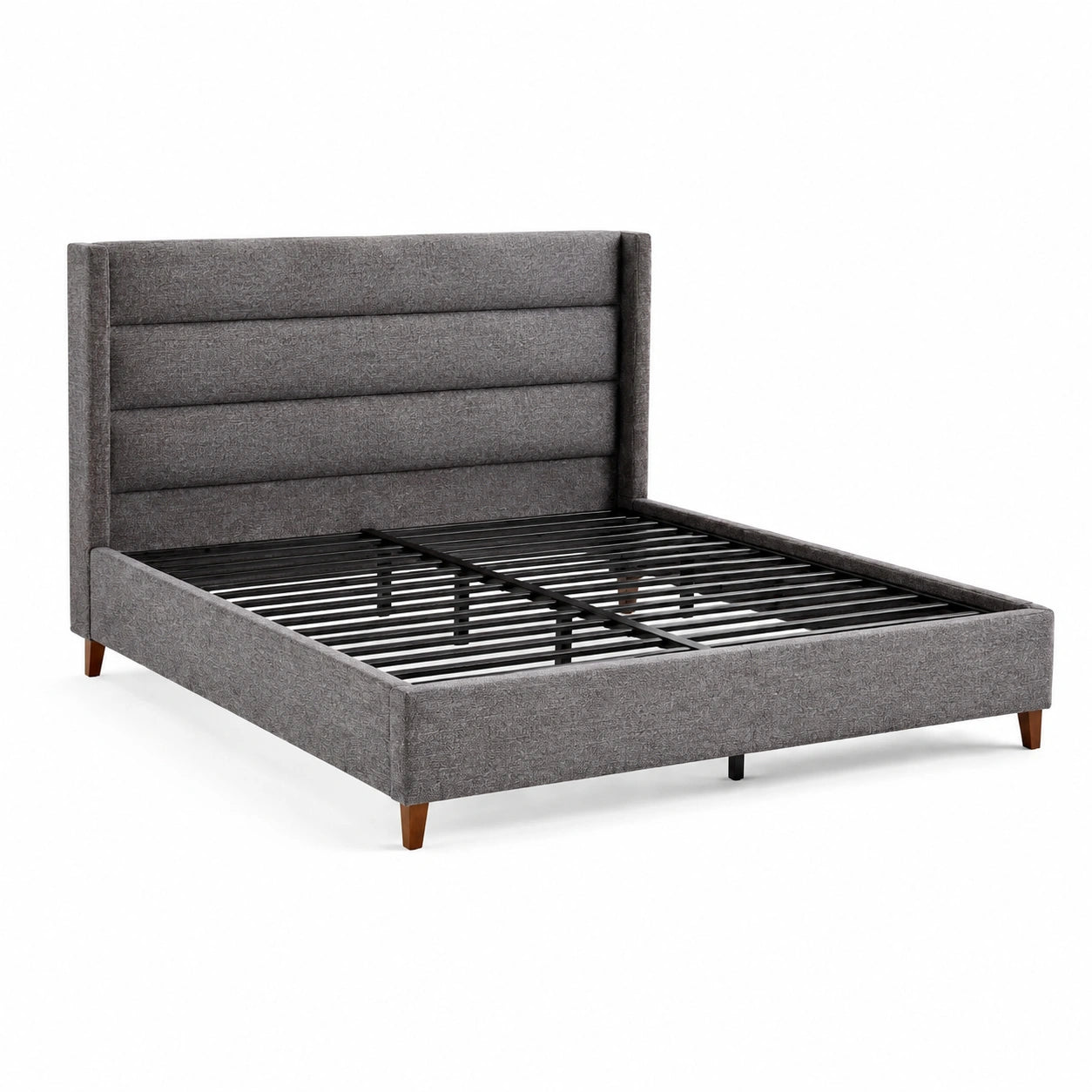 Gepolstertes Bett 160 × 200 cm in Grau mit hohem Kopfteil, schwarzem Metall-Lattenrost und braunen Holzfüßen