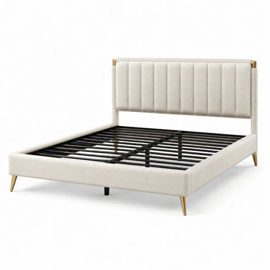 Polsterbett 160 × 200 cm, Gesamtmaß 215 × 168 × 110 cm, Beige mit vertikal gestepptem Kopfteil