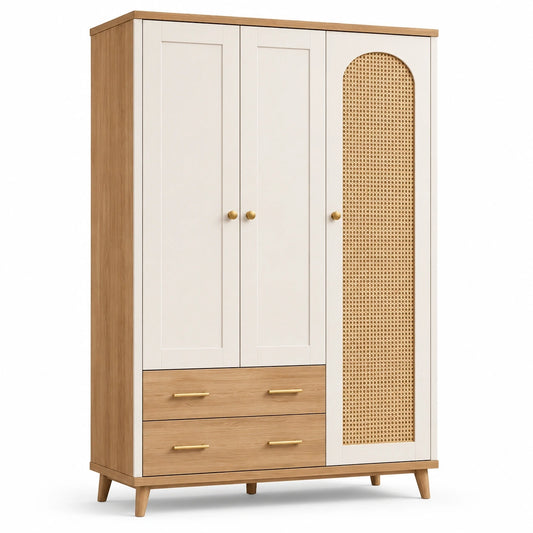 Kleiderschrank mit Rattangeflecht, 3 Türen und 2 Schubladen, Weiß/Natur/Gold, 140 × 55 × 190 cm