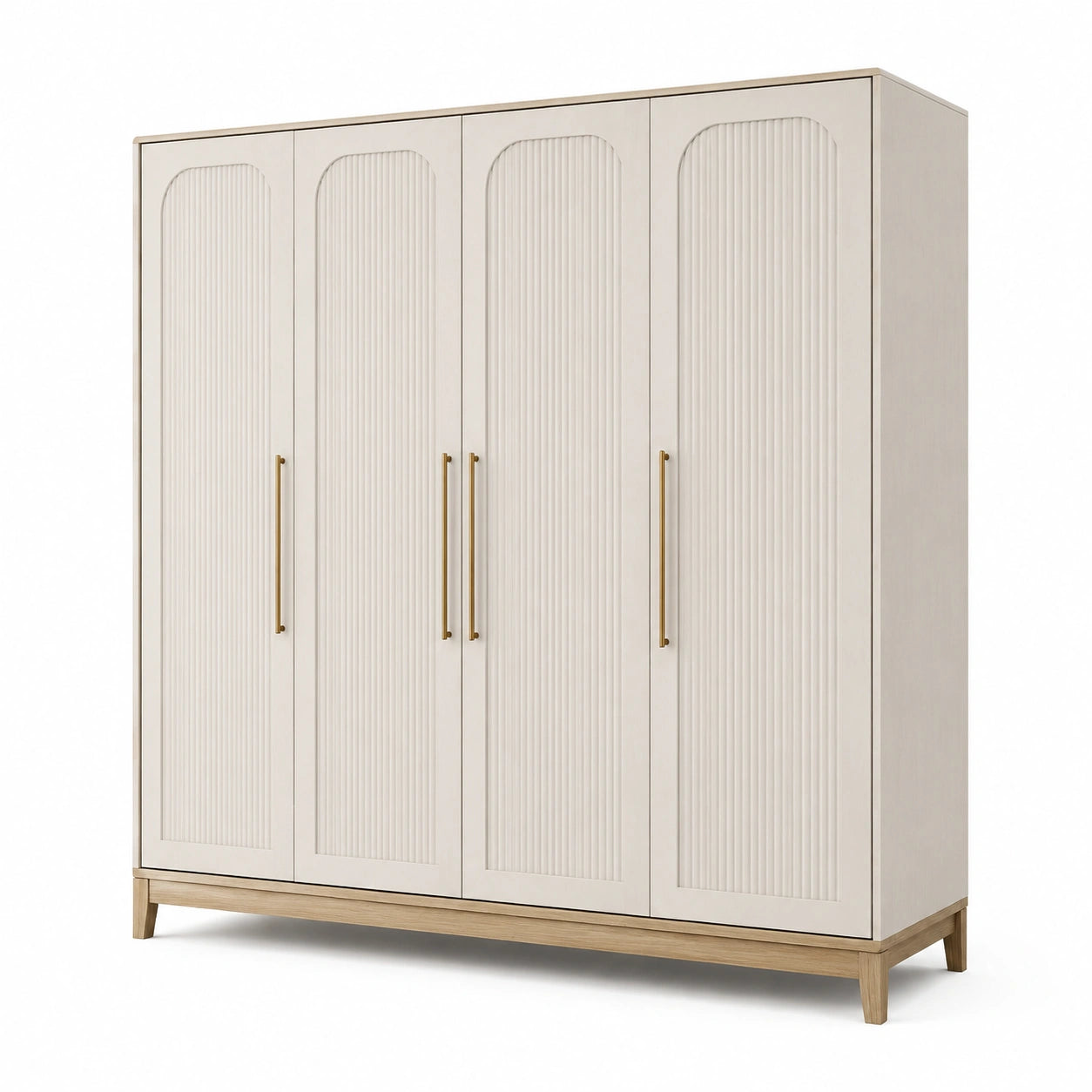 Kleiderschrank aus Holzwerkstoff, 200 × 60 × 220 cm, Beige/Naturholz/Messingfarben, 4 Türen mit Rillenfront