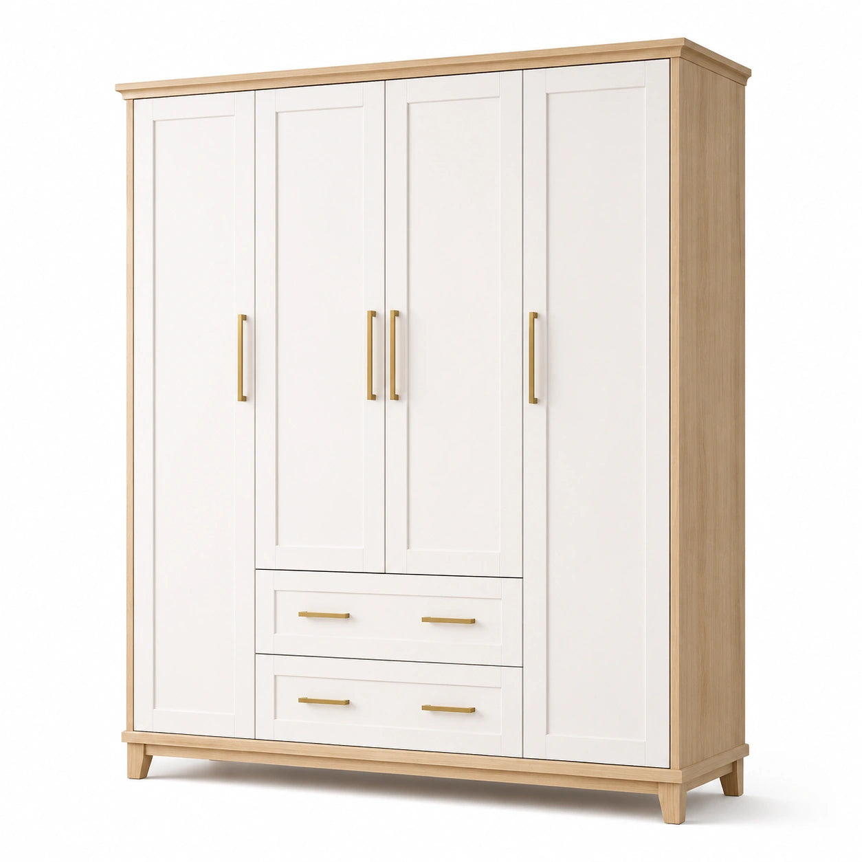 Kleiderschrank mit 4 Türen und 2 Schubladen, 180 × 55 × 200 cm, Weiß/Eichefarben/Goldfarben, Landhausstil
