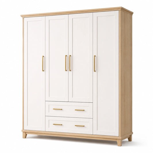 Kleiderschrank mit 4 Türen und 2 Schubladen, 180 × 55 × 200 cm, Weiß/Eichefarben/Goldfarben, Landhausstil