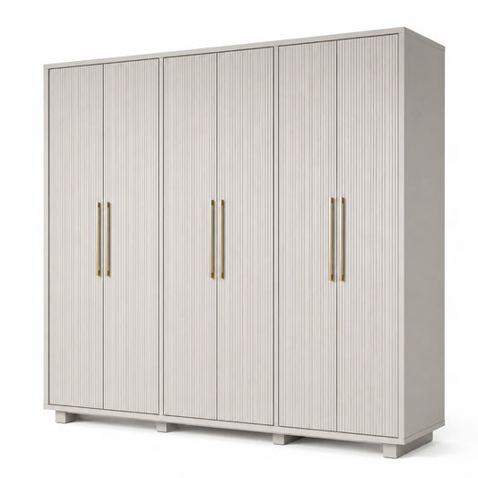 Moderner sechstüriger Kleiderschrank mit geriffelten Fronten, Weiß/Goldfarben, 240 × 55 × 200 cm