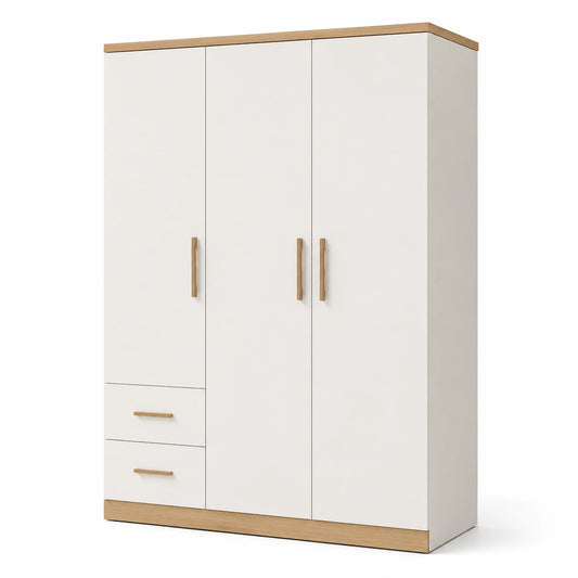 Kleiderschrank aus Holzwerkstoff mit 3 Türen und 2 Schubladen, Weiß/Eiche, 120 × 52 × 180 cm