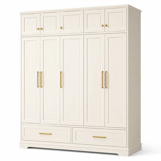Kleiderschrank aus Holzwerkstoff in Weiß und Gold, 200 × 55 × 240 cm, mit 10 Türen und 2 Schubladen, klassischer Landhausstil