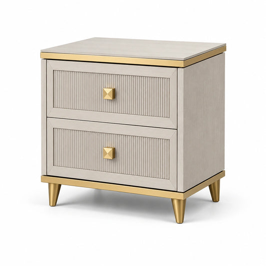 Moderner Nachttisch aus Holzwerkstoff mit 2 Schubladen, Beige/Gold, 50 × 40 × 60 cm