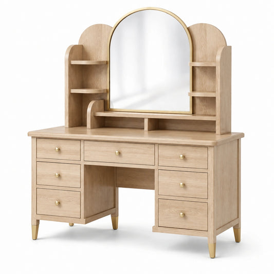 Schminktisch mit Bogenspiegel, 7 Schubladen und offenen Ablagen, 120 × 45 × 150 cm, Naturholz/Gold