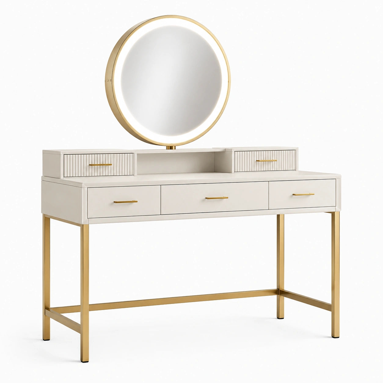 Schminktisch mit beleuchtetem Rundspiegel und 5 Schubladen, 120 × 50 × 145 cm, Weiß/Gold