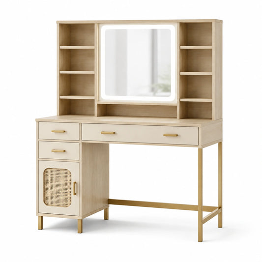 Schminktisch aus Holzwerkstoff mit beleuchtetem Spiegel und Stauraum, Beige/Gold/Hellbraun, 120 × 50 × 150 cm