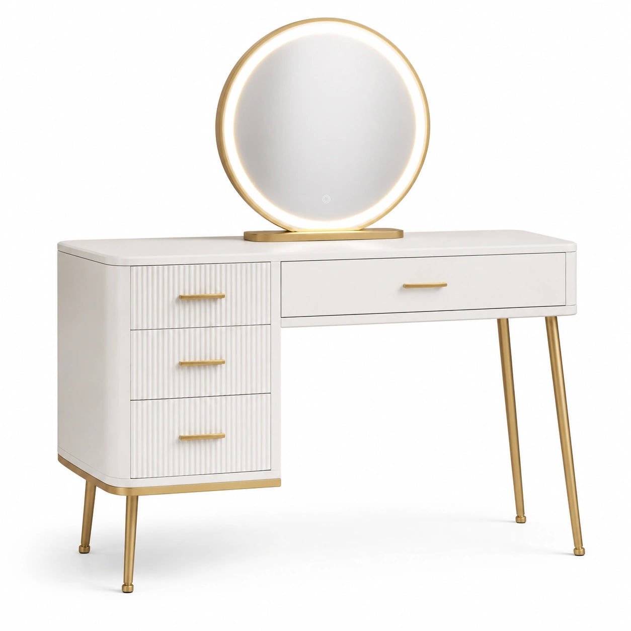 Schminktisch mit beleuchtetem Rundspiegel und 4 Schubladen, 100 × 40 × 128 cm, Weiß/Gold