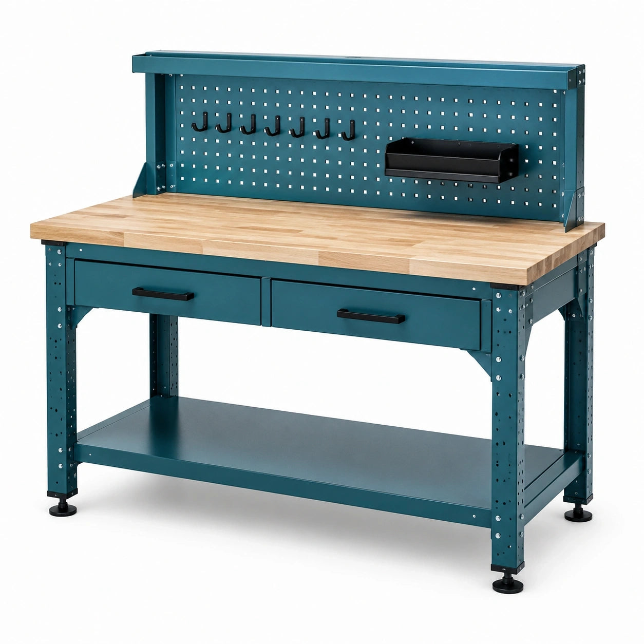 Werkbank aus Stahl und Holz, 120 × 60 × 150 cm, Petrolblau, mit Lochwand, 2 Schubladen und Ablage