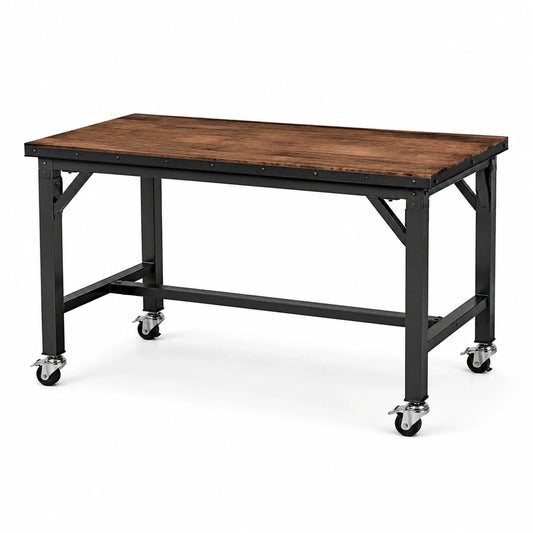 Mobiler Arbeitstisch aus Holz und Stahl mit feststellbaren Rollen, 120 × 60 × 85 cm, Braun/Schwarz