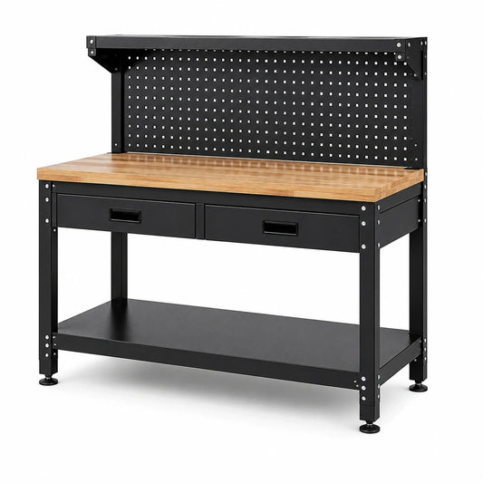 Werkbank mit Holzarbeitsplatte, Lochwand, 2 Schubladen und Ablage, 120 × 60 × 150 cm, Schwarz/Natur