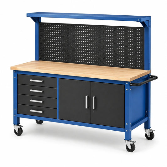 Mobile Werkbank aus Stahl und Holz, 152 × 61 × 160 cm, Blau/Schwarz/Naturfarben, mit 4 Schubladen, Schrank, Lochwand und Ablage