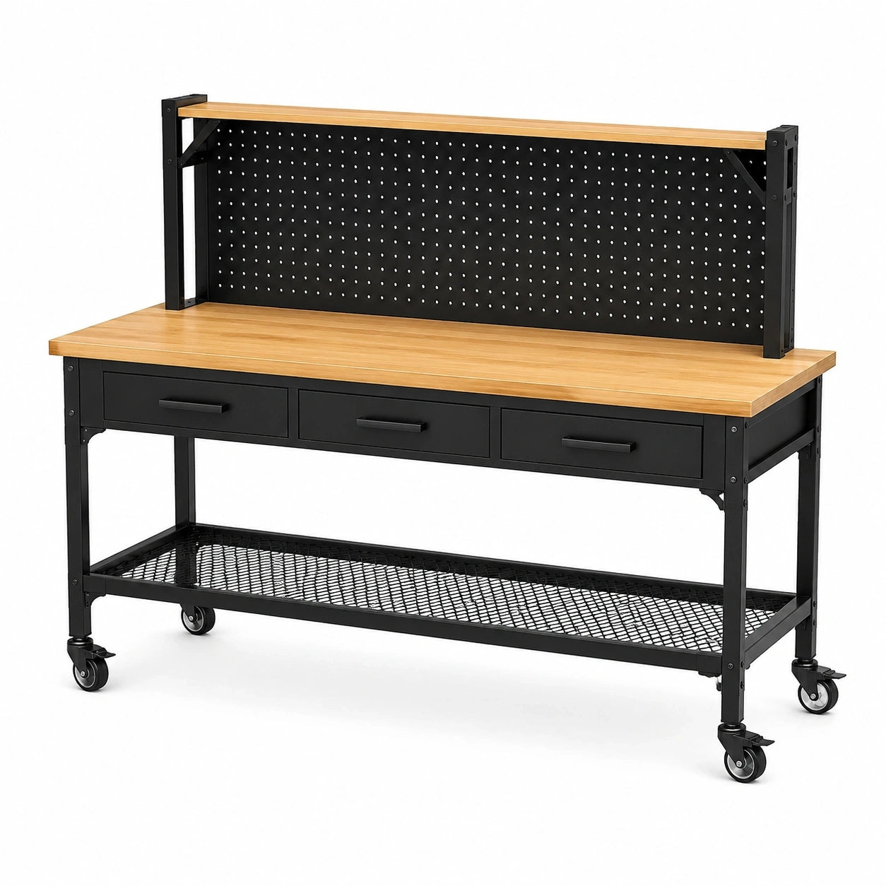 Mobile Werkbank aus Stahl und Holz, 152 × 61 × 150 cm, Schwarz/Natur, mit 3 Schubladen, Lochwand, 2 Ablagen und Rollen