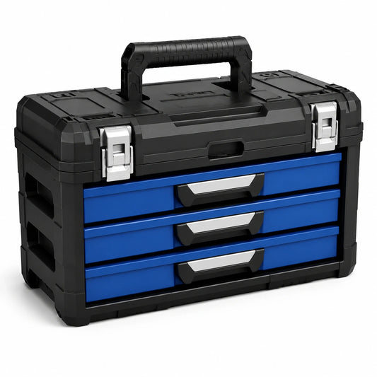 Werkzeugkoffer mit 3 Schubladen und Tragegriff, 56 × 35 × 47 cm, Schwarz/Blau/Silber